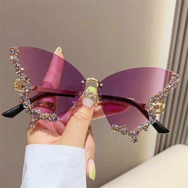 Dame Luksus Diamond Butterfly Rhinestone Bling Solbriller Kantløse solbriller Gradient Purple