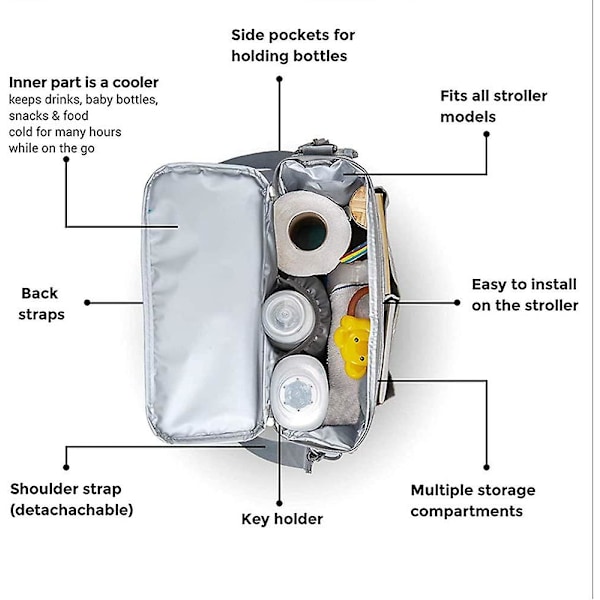 Barnvagn Organizer Skötväska Med Mugghållare Universal Vattentät gray