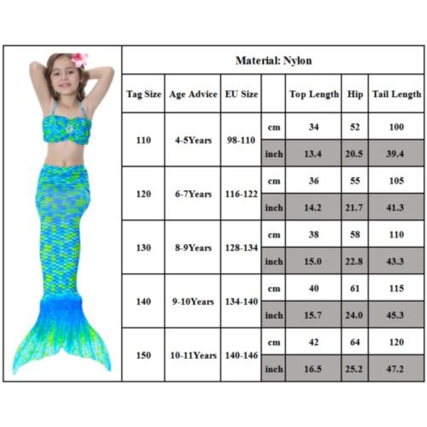 3 stk Kid Jenter Mermaid Tail Bikini Sett Holiday Badetøy Badedrakt Color 120cm