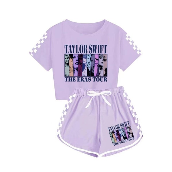 Taylor Swift mænds og kvinders T-shirt + shorts sportspyjamas børnesæt Purple Q Purple 140cm