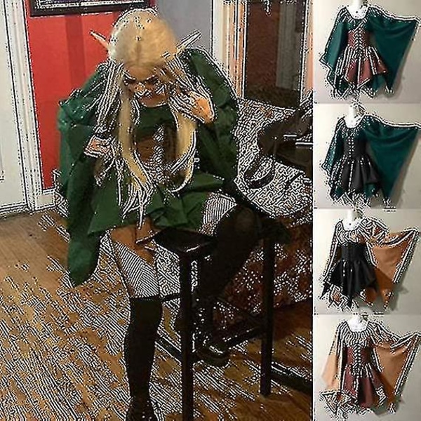 Kvinnors medeltida renässanskostymer Piratkorsettklänning Kvinnor Flare ärm Traditionell irländsk kort klänning Army Green and Black kids 85