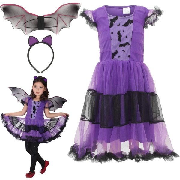 Jenter Flaggermus Vampyr Kostyme Barn Halloween Klær Animal Cosplay Lilla Kjole 130cm