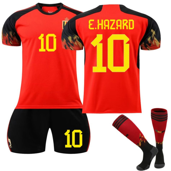 Qatar 2022 VM Belgien Hemma E Hazard #10 Tröja fotboll herr T-shirts Set Barn Ungdomar fotboll Tröjor Adult S（165-170cm）