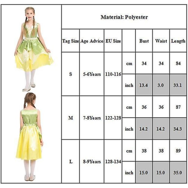 Prinsessan og grodan Tiana Cosplay Kostym Prinsessklänning 8-9 år 5-6 Years