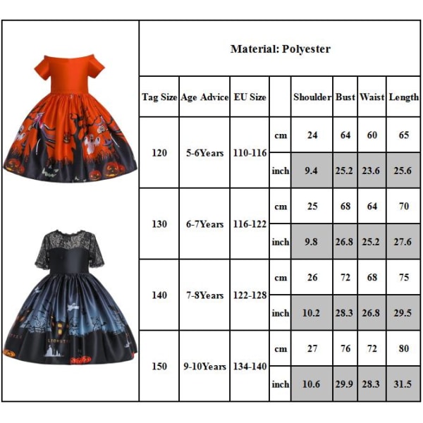 Halloween flickor klänning Häxkjol Cosplay kostymer printed klänning orange red 120cm