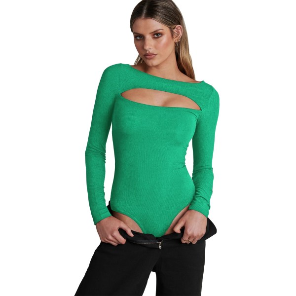 Kvinnor Casual Vanlig långärmad bodysuit Cut Jumpsuit Leotard Top green S