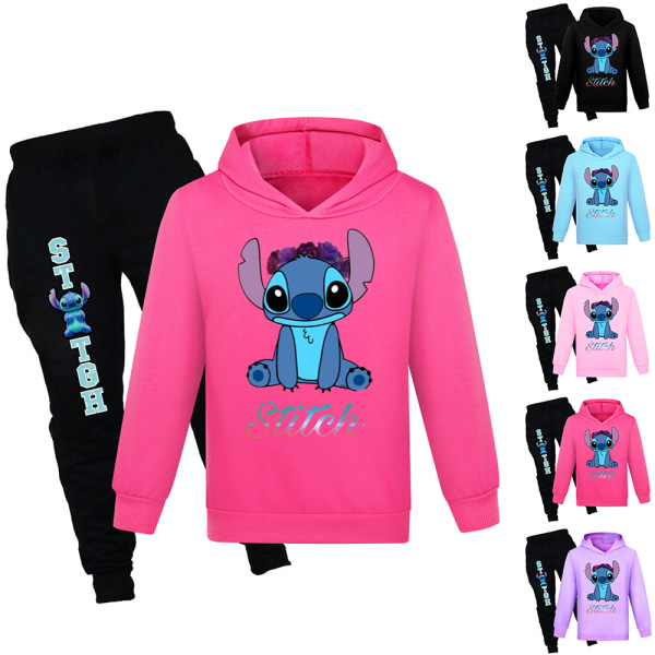 Lilo and Stitch Kids träningsoverall T-shirt Hoodie Sport Top Pants Rose red 150cm