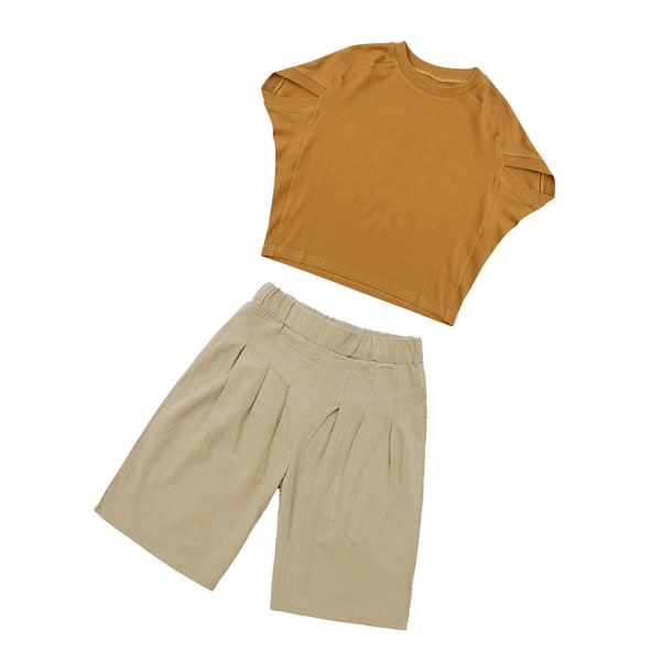 2st Girl Summer Outfit Casual T-shirt Top Wide Leg Byxor Brown Khaki Green 160cm