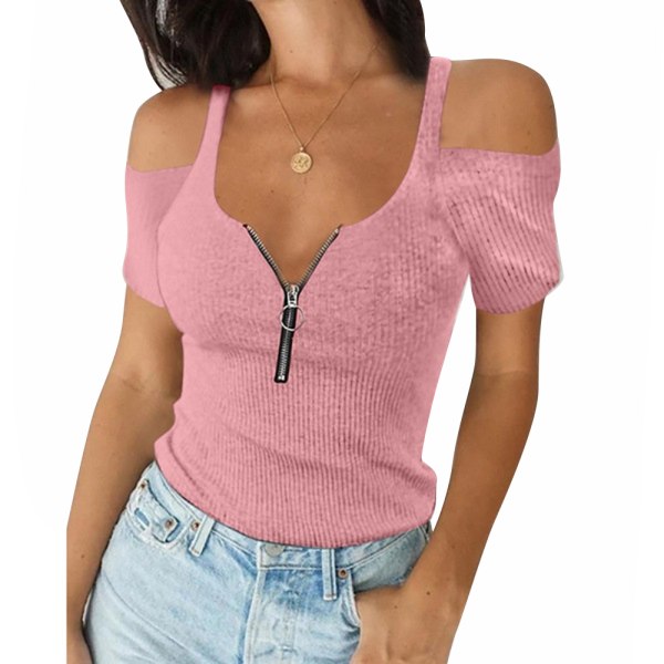 Kvinnors Pure Color Casual Summer Top Dragkedja Off Shoulder T-shirt Pink 2XL