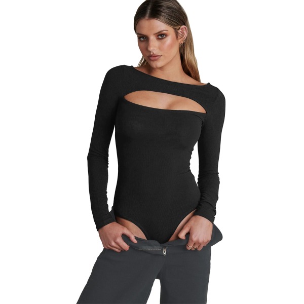 Kvinder Casual Plain Langærmet Bodysuit Cut Jumpsuit Leotard Top black S