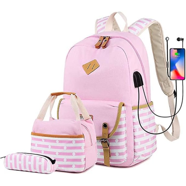 Koulureppu tytöille Setti Yliopistokirjalaukku USB-latausportilla Rento päiväreppu teini-ikäisille pojille opiskelijalle Pink