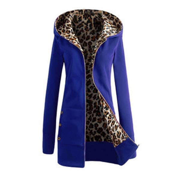 Vinter Kvinnor Hooded Thickened Plus Fleece Leopard Sweater Jacka Blue 3xl