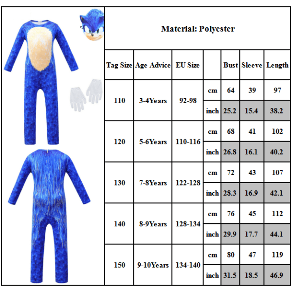 Sonic The Hedgehog Cosplay Kostym Barn Jumpsuit Mask Handskar Set 110cm