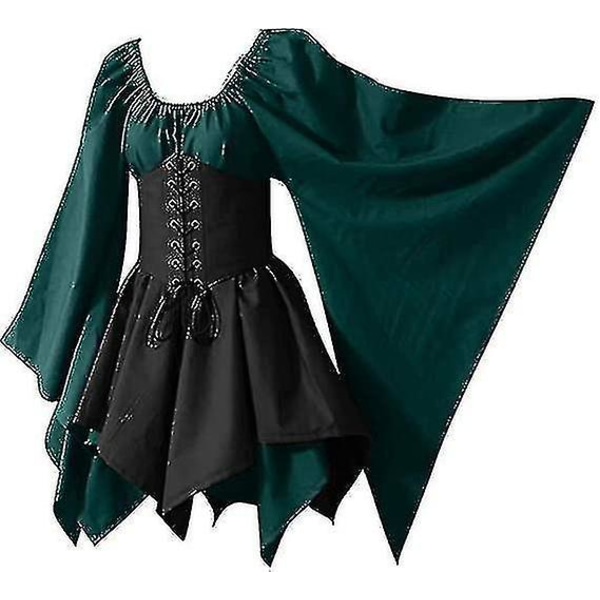Kvinnors medeltida renässanskostymer Piratkorsettklänning Kvinnor Flare ärm Traditionell irländsk kort klänning Army Green and Black M