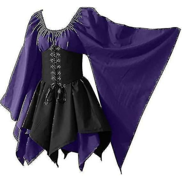 Kvinners middelalderrenessansekostymer Piratkorsettkjole Kvinner Flare-ermer Tradisjonell irsk kort kjole Purple and Black 4XL