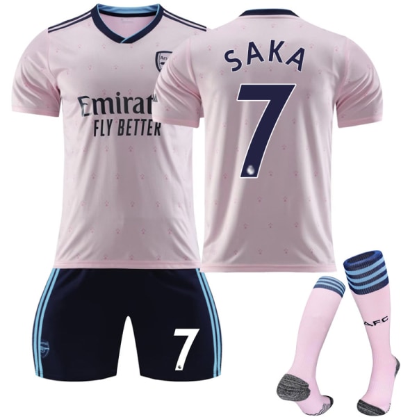 2022-2023 Arsenal Away Kids fodboldsæt med nr. 7 sokker Saka 24