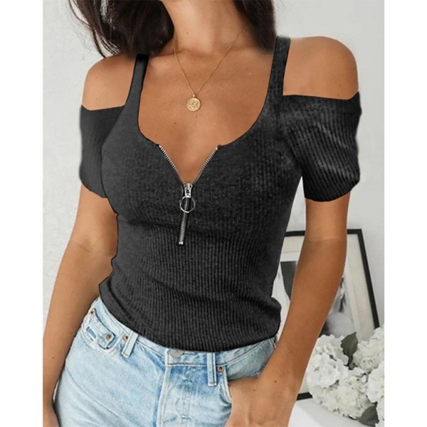 Kvinders ren farve afslappet sommer top lynlås off skulder T-shirt Black M