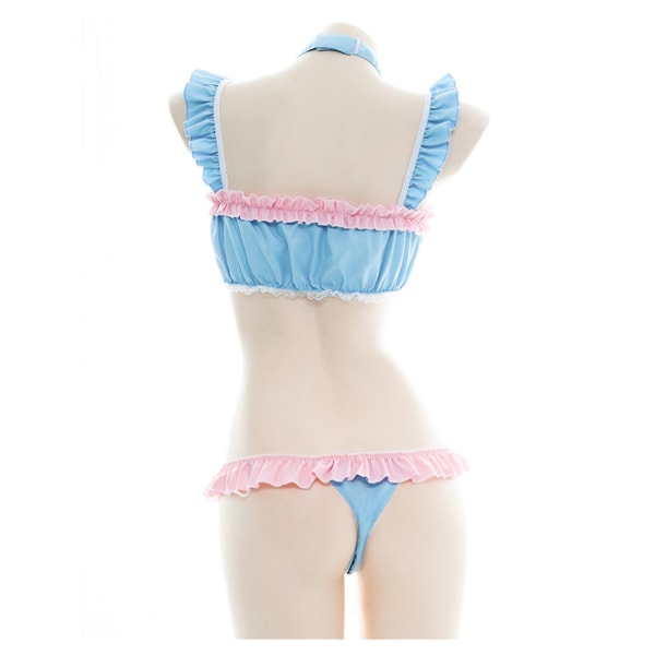 Søt Lolita Kvinner Bikini Rosa Blå Ruffles Hollow Out for Cross Bandasje Badedrakt Søt Maid Cosplay Costume Beachwear