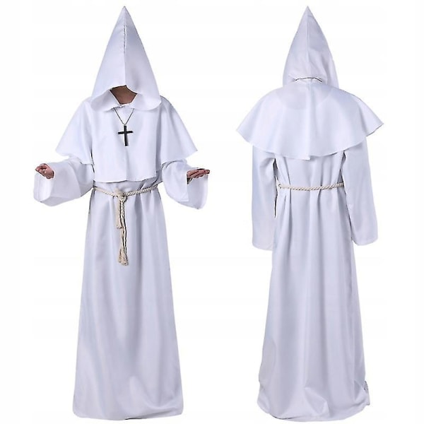 Trollkarl Kostym Medeltida Hooded Robe Priest Outfit White L