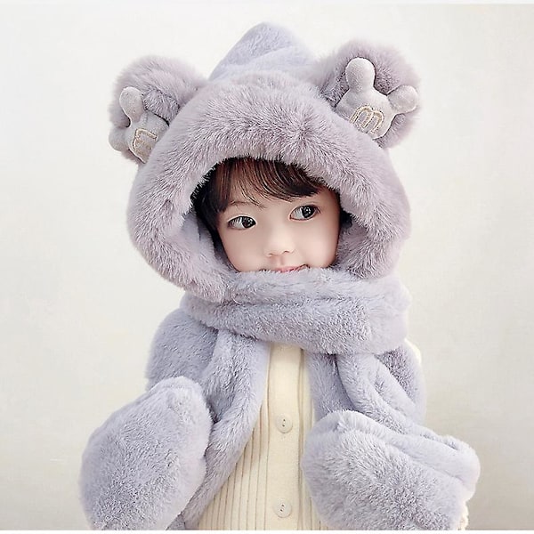 3 i 1 varmt set plysch fluffig tecknad vintermössa Scarfhandskar Grey