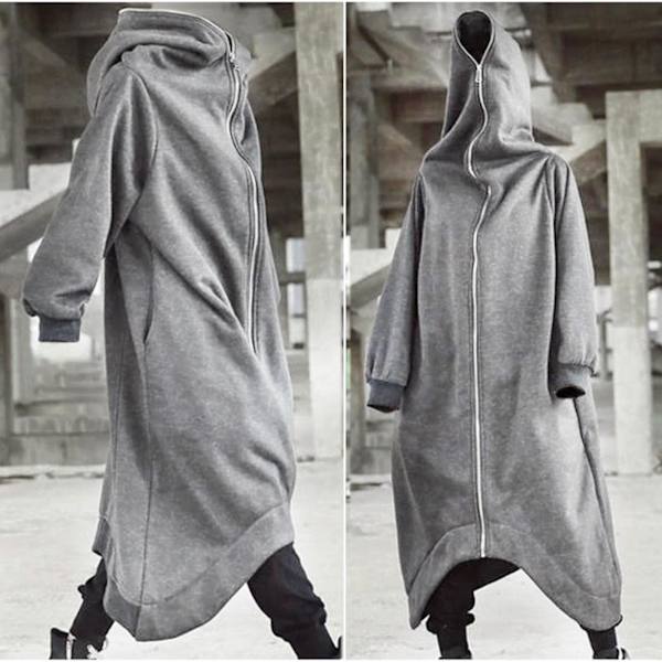 Unisex langærmet hættetrøje med lang frakke med lynlås Gray 4XL