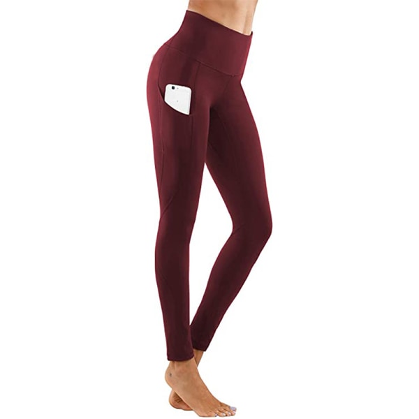 Kvinner Yogabukser med høy midje Fitness Leggings Running Gym Stretch Claret,L