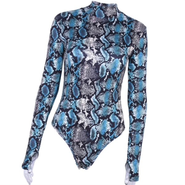 Kvinnor Snake Skin Print Body Lady Långärmad Jumpsuit High peacock blue XL