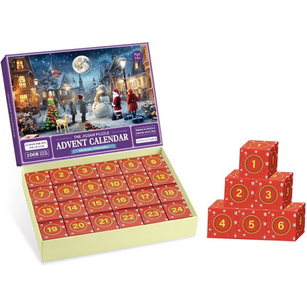 Jule-adventskalender-puslespill, adventskalender 2023-puslespill, 24 brikker 1008 puslespill Julegavenedtelling