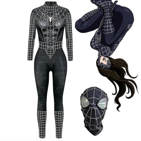Sexig Body Svart Spindel Kvinna Spandex Jumpsuit Halloween Cosplay Kvinnor Superhjälte Kostym Mask L