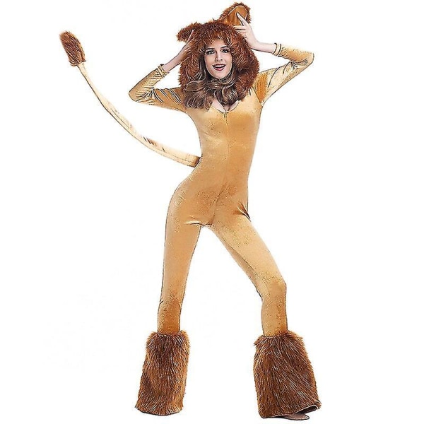 Vuxna kvinnor Deluxe Lion Animal Cosplay kostym Sexig Furry Lion Jumpsuit med stor svans Halloweenfest Fancy outfit-h Khaki L