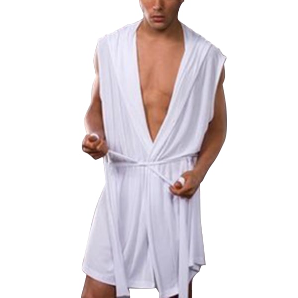 Mænds silkeblød badekåbe Pyjamas Hættekåbe Nattøj uden ærmer White XL