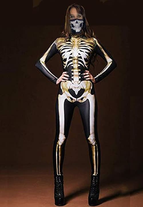 Halloween-kostume til kvinder med dødningehovedtryk, langærmet jumpsuit Q2 Q2 S
