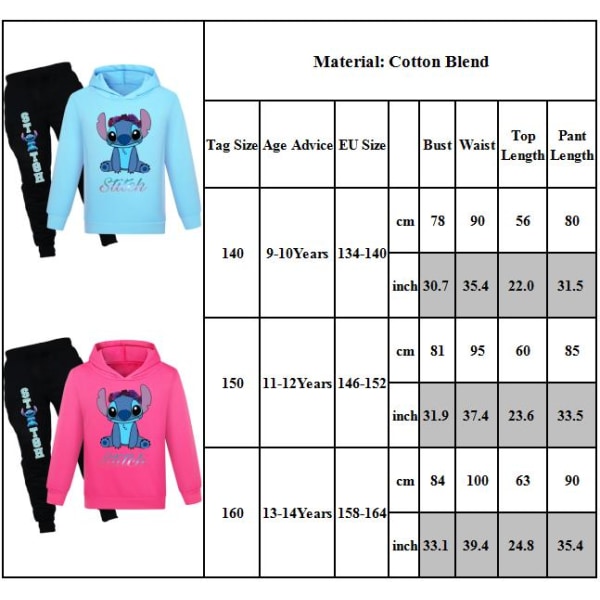 Lilo and Stitch Kids träningsoverall T-shirt Hoodie Sport Top Pants Rose red 150cm