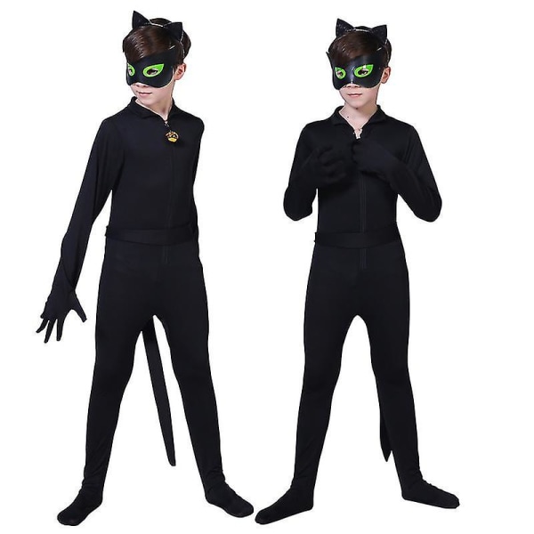 Barn Svart kattdräkt Pojkar Cosplay Noel Bodysuit med mask, öra, svans 110(105-115CM)