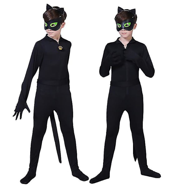 Børne sort kattekostume Drenge Cosplay Noel Bodysuit med maske, øre, hale 150(145-155CM)