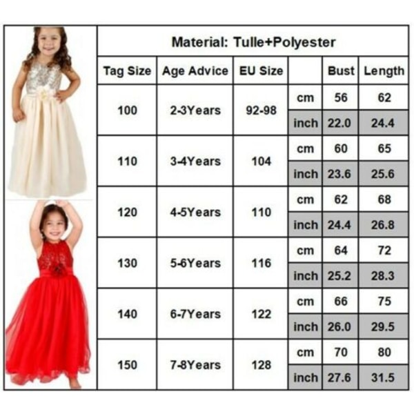 Flickor Barn Paljetter Prinsessan Lång Klänning Cosplay Festkostymer 1 130 6 120