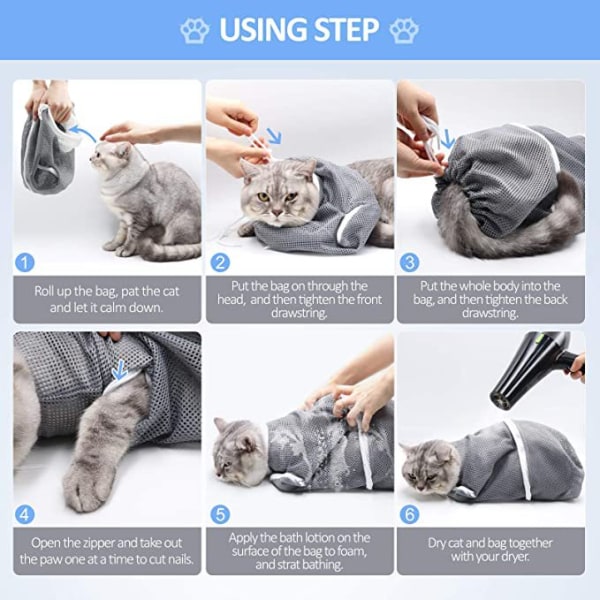 Kattepose Kattebruser nettaske Cat Grooming Badetaske Grå
