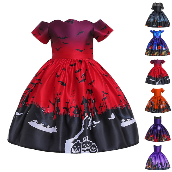 Halloween flickor klänning Häxkjol Cosplay kostymer printed klänning purple-A 120cm