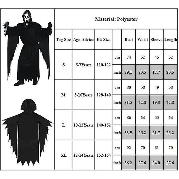 5-14 år Barn Halloween Scream Cosplay Kostume Spøgelse Børne Kostume Med Maske 5-7 Years