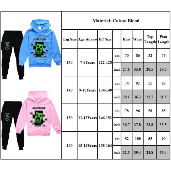 Träningsoverall för barn Pojkar Minecraft Hoodies Sweatshirt Toppbyxa Outfit blue 150cm