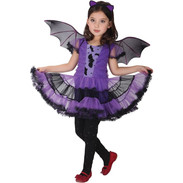 Jenter Flaggermus Vampyr Kostyme Barn Halloween Klær Animal Cosplay Lilla Kjole 110cm