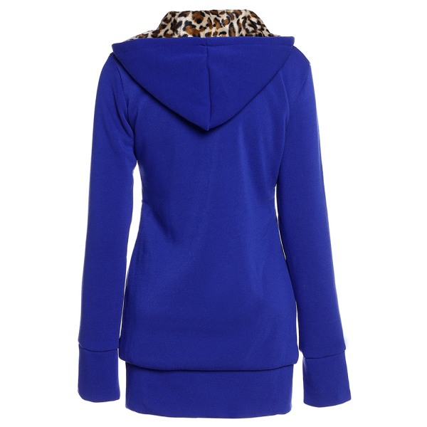 Vinter Kvinnor Hooded Thickened Plus Fleece eopard Sweater Jacka Blue L