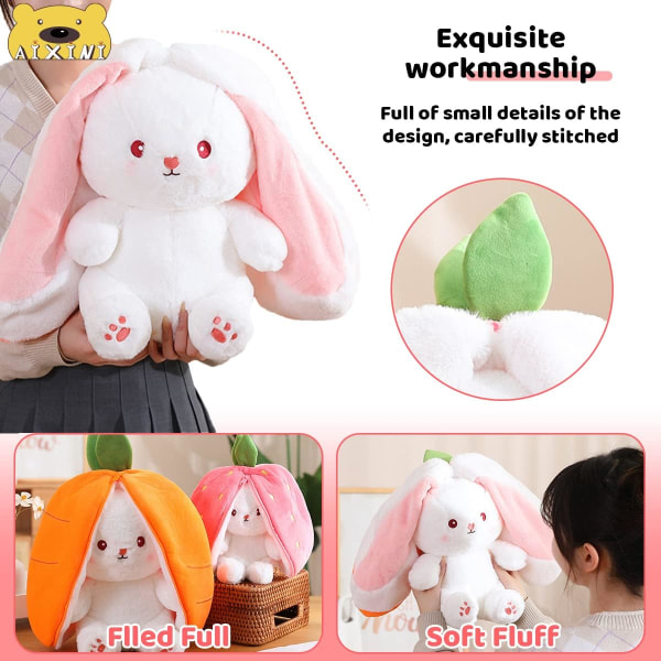 Xishao Bunny Plush Søt Strawberry Bunny Kosedyr, Lop Eared Rabbit Plush med Strawberry Outfit Costume, 13,7" Strawberry Rabbit 13.7 inch