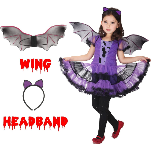 Flickor Fladdermus Vampyrdräkt Barn Halloween Kläder Animal Cosplay Lila Klänning 120cm