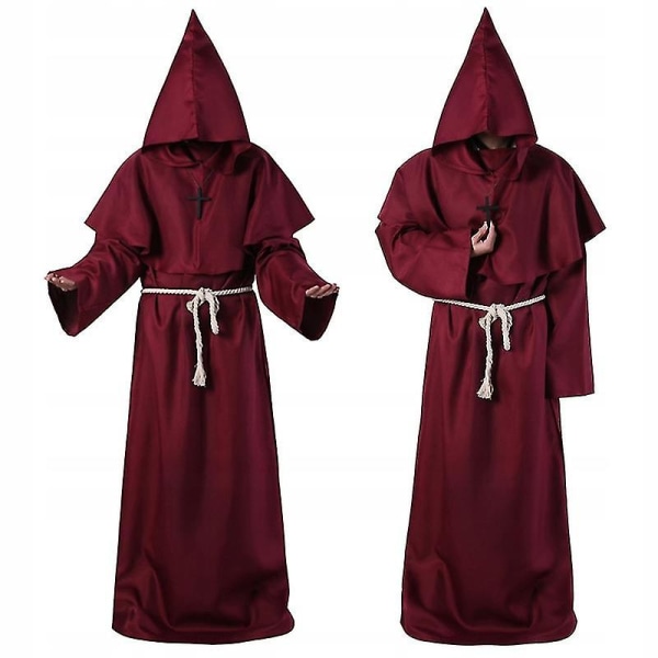 Trollkarl Kostym edeltida Hooded Robe Priest Outfit Maroon M
