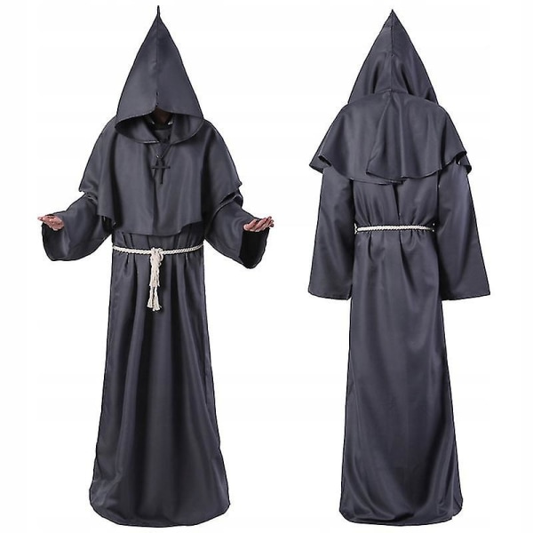 Trollkarl Kostym edeltida Hooded Robe Priest Outfit Grey M