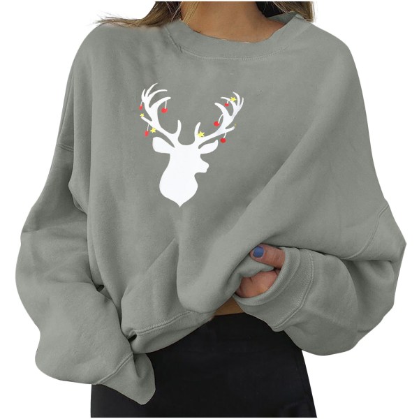 Ladie Casual Christmas Elg Print Pullover Langermet Sweatshirt Grey 2XL