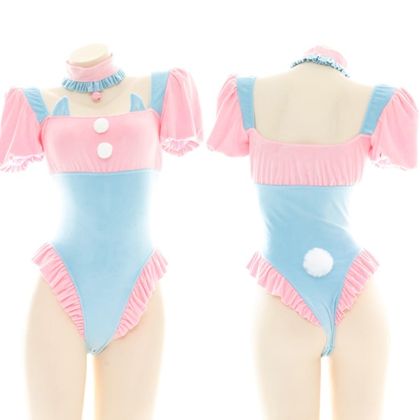 One Piece Bunny Girl Bodysuit Sexy Uniform Rabbit Alusvaatteet Lolita Sininen Pinkki Puff Sleeve Bodysuit Rabbit Cosplay -asu