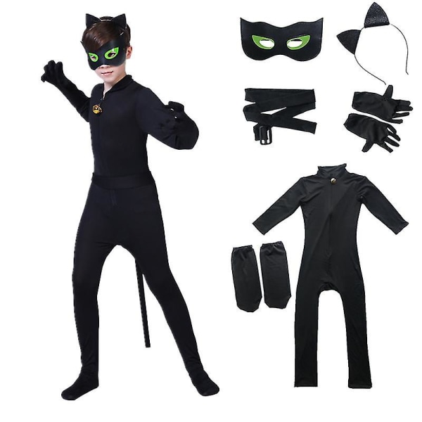 Kids Black Cat Costume Gutter Cosplay Noel Bodysuit med maske, øre, hale 140(135-145CM)