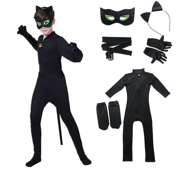 Lasten musta kissan puku pojille Cosplay Noel Bodysuit maskilla, korvalla, häntällä 140(135-145CM)